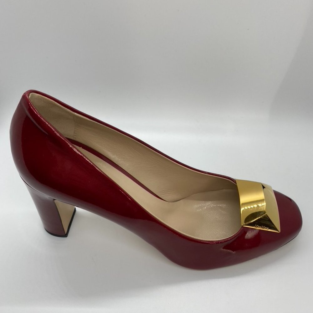 NIB MaxMara Red Stacked Heel with Gold logo 38.5